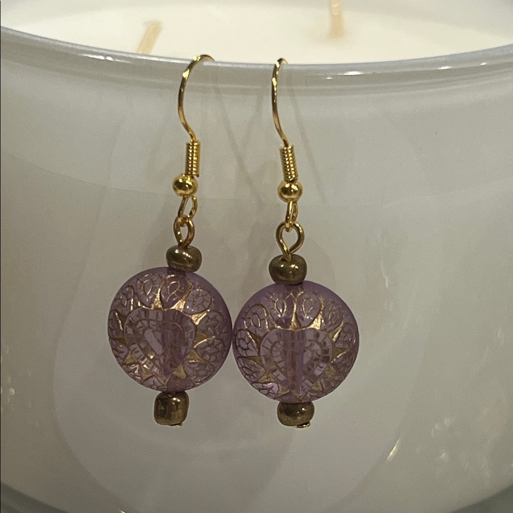 Purple and Gold Etched Lightweight Dangle Earrings
